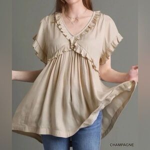 Umgee Beige Satin Vneck Shortsleeve bohemian blouse top tunic style ruffle